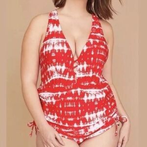 CACIQUE SWIM By Lane Bryant Lightly Lined Balconette Swim Top Red Tie Dye 36D